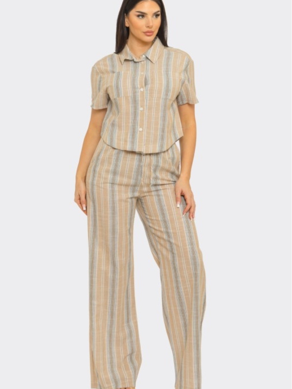 Beige Striped Wide-Leg Pants — Relaxed Women's Trousers